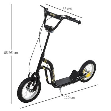 Дитячий самокат HOMCOM від 5 років Scooter Kick Scooter 12 дюймів пневматична шина гума алюміній чорний, регульована висота 120x58x85-95см