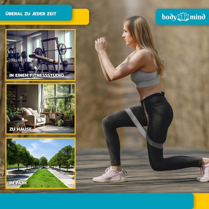 Набір еластичних стрічок для фітнесу Body & Mind® 5 шт. з різним опором, стрічки для тренувань, йоги, пілатесу та фітнесу; спортивні стрічки 100% латекс сірого кольору