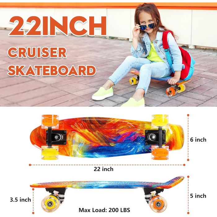 Скейтборд CLYCTIP Mini Cruiser 22 дюйми з підсвічуванням та ABEC-11 підшипниками для дітей та початківців (різнокольоровий)