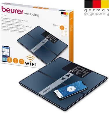 Діагностичні ваги Beurer BF 980 з Wi-Fi та Bluetooth, аналіз і графіки в додатку, вимірювання пульсу, акумулятор, чорні