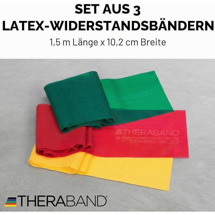 TheraBand Еластична стрічка для фітнесу 1,5м (жовта/червона/зелена) - Латексний гумовий еспандер для тренувань вдома