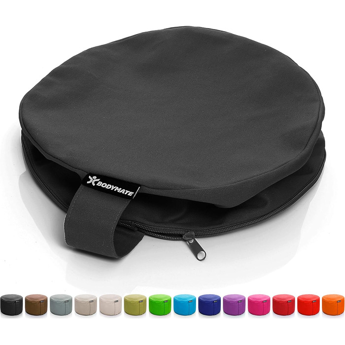 Йога подушка BODYMATE кругла 31см, 13см, з наповнювачем з лушпини гречаної, знімний чохол 100% бавовна, для медитації та сидіння, чорна