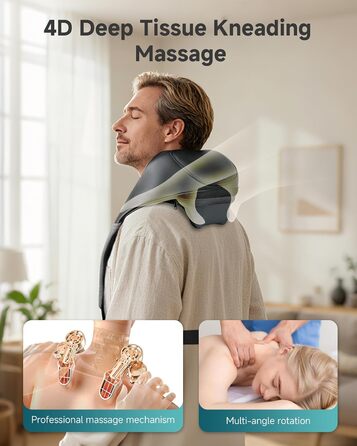 Масажер для шиї та спини Snailax Shiatsu бездротовий з підігрівом, 4D ролики, акумуляторний, USB-C, чорний