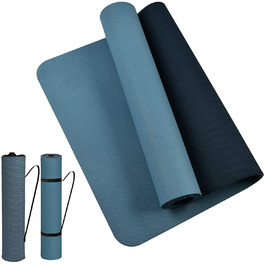 Йогамат (Yogamatte) подвійна 183x61x0.6 см, водонепроникна, для пілатесу, спорту, фітнесу, медитації (синьо-чорний) + сумка