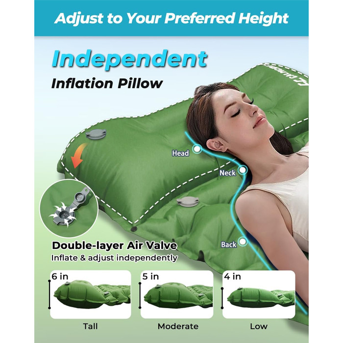 Надувна туристична матрац COOLERO з помпою та подушкою, зелена. Легка, компактна, для кемпінгу та подорожей.