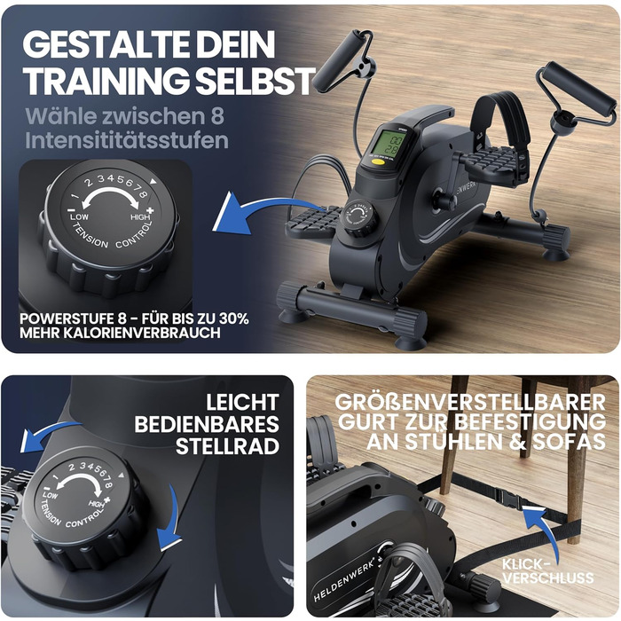 Тренажер для ніг та рук HELDENWERK Pedaltrainer PRO Set — домашній велотренажер для літніх людей та реабілітації, безшумний, сертифікований TÜV/GS