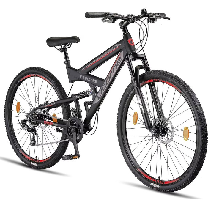 Гірський велосипед Licorne Bike Strong 2D Premium 29 дюймів, чорний/червоний, дискові гальма, 21 швидкість, повна амортизація для юнаків, дівчат, жінок і чоловіків