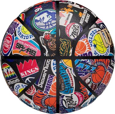 М'яч для баскетболу Wilson NBA All Team Retro, розмір 7. Ретро дизайн, технологія Dual Depth, поверхня Pure Feel, покращена повітряна утримання, класичні логотипи Hardwood.