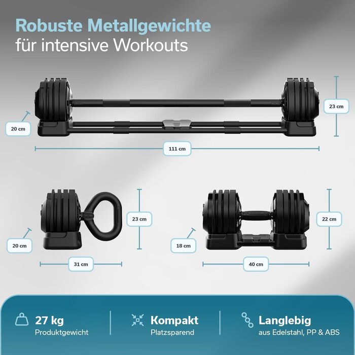 Штанга Skandika Hanteln Paino: Регульований набір гантелей 1.5-24 кг, штанга, гиря, диски. Для дому та спортзалу (3-в-1)