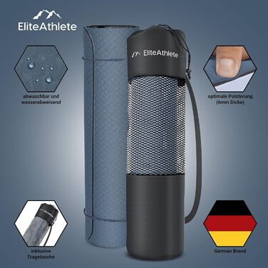 Килимок для йоги EliteAthlete 183x61x0,6 см, не ковзає, з ременем і чохлом, для фітнесу, пілатесу, спортзалу, чорний-синьо-синій