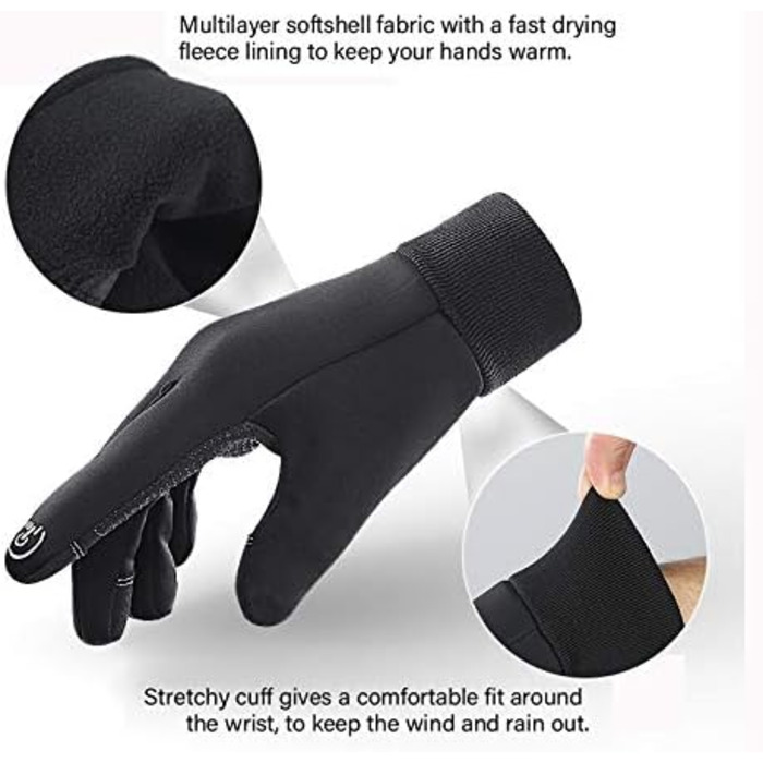 Зимові рукавички LERWAY з підтримкою сенсорного екрану, чорні, для чоловіків та жінок, неслизькі, вітронепроникні, для спорту, бігу, їзди, гірського велосипеда, скелелазіння, походів, водонепроникні