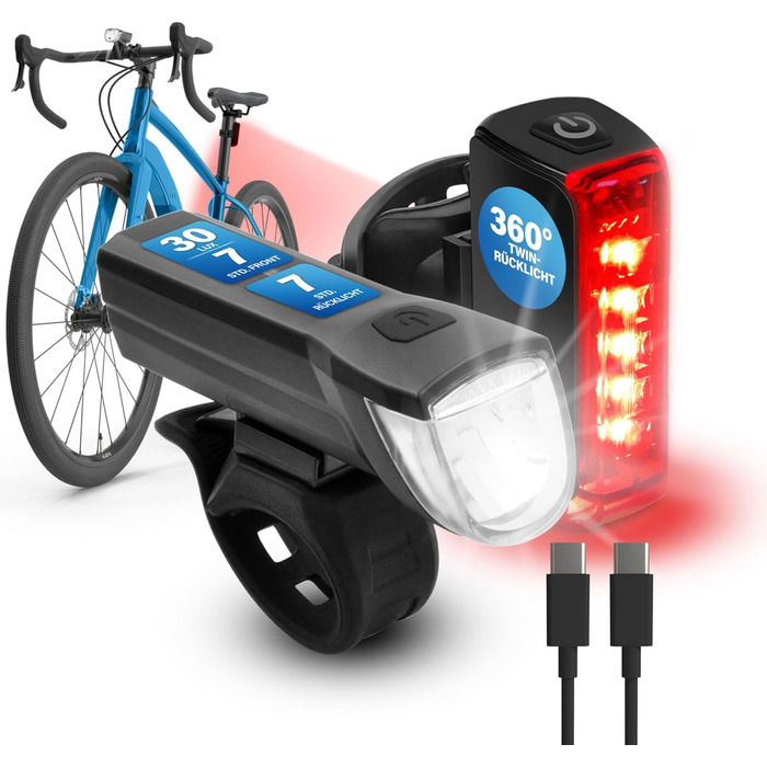 Велосипедний ліхтар FISCHER Twin Set: 360° підсвічування, LED, 30 Lux, USB-C, акумуляторний, для передньої та задньої частини велосипеда