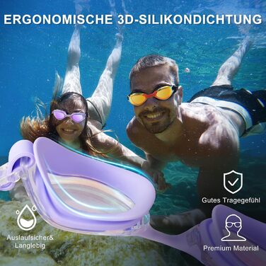 Окуляри для плавання Unisex дорослі Anti-Fog, UV-захист, герметичні, 3D-силікон, фіолетові + комплект аксесуарів (чохол, шапочка, затискач для носа, беруші)