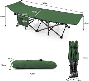 Розкладне ліжко SOARS для кемпінгу та відпочинку: стабільне металеве ліжко з кишенею та сумкою, до 272 кг, для саду та дому, зелене