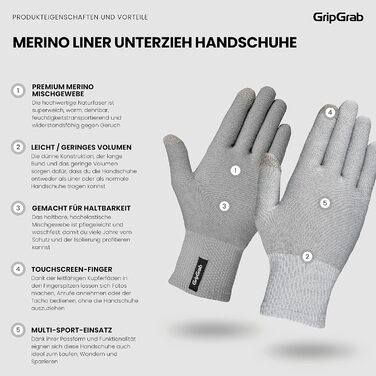 GripGrab Merino Liner: Термо-рукавички з мериносової вовни для їзди на велосипеді, туризму та повсякденного використання (Сірий, XS-S)