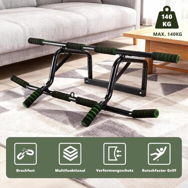 Турнік для дверей Klimmzugstange: турнік для підтягувань без свердління, з м'якими ручками, зелений