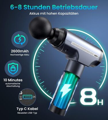 Масажний пістолет 2600mAh з 8 насадками, 30 режимів, глибокий масаж для шиї, спини, ніг, плечей, синій – масажер для зняття болю та втоми м'язів