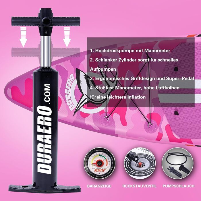 Надувний SUP (Stand Up Paddle Board) з кріпленням для камери, рожевий, 330x76x15 см, до 150 кг, з насосом та рюкзаком