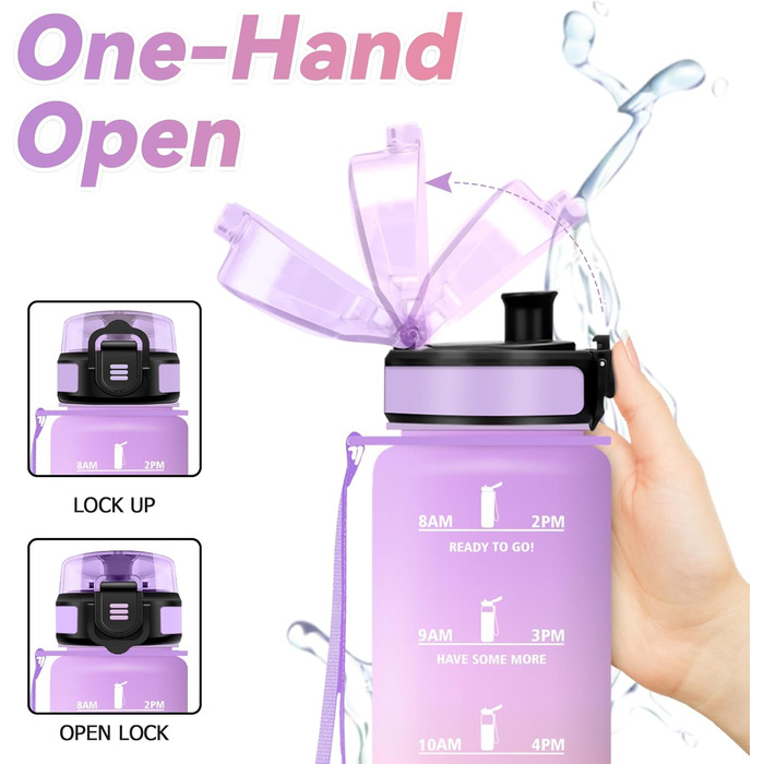 Спортивна пляшка 1л з позначенням часу, фільтром, для води з газом, без витоку. Підходить для велосипеда, бігу, дорослих. Колір: лавандово-рожевий