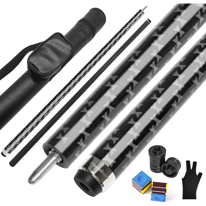 Професійний більярдний кий Billardqueue з карбону, низький упор, з кейсом та аксесуарами, 12.5 мм наконечник, 147.3 см, 567-595 г