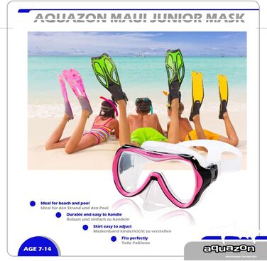 Дитяча маска для плавання AQUAZON Maui, загартоване скло, силіконова, 7-12 років, рожева
