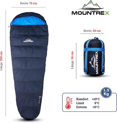Сплячий мішок MOUNTREX® - ультралегкий, компактний (760г/1500г) - для кемпінгу, подорожей, фестивалів. 3-4 сезони, Mumienschlafsack, 1500г (RV Links). Темно-синій/синій.
