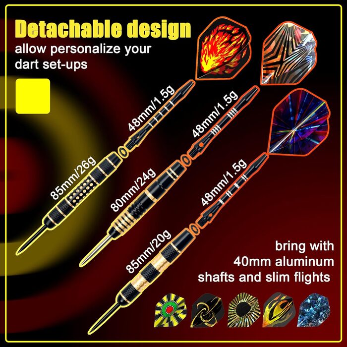 Професійні дротики Alyoen Metallspitze (12 шт) 20/24/26 г з аксесуарами: алюмінієві стебли, пір'я, точилка, захист наконечників, гумові кільця