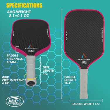 Набір ракет для піклболу Pro, 2 шт. з вуглецевого волокна 3K, USAPA, рожевий та блакитний