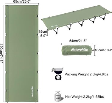 Кемпінгове ліжко Naturehike Ultraleichtes: легке, портативне, для дорослих, до 150 кг, для кемпінгу, походів, дому та подорожей. Темно-зелений колір