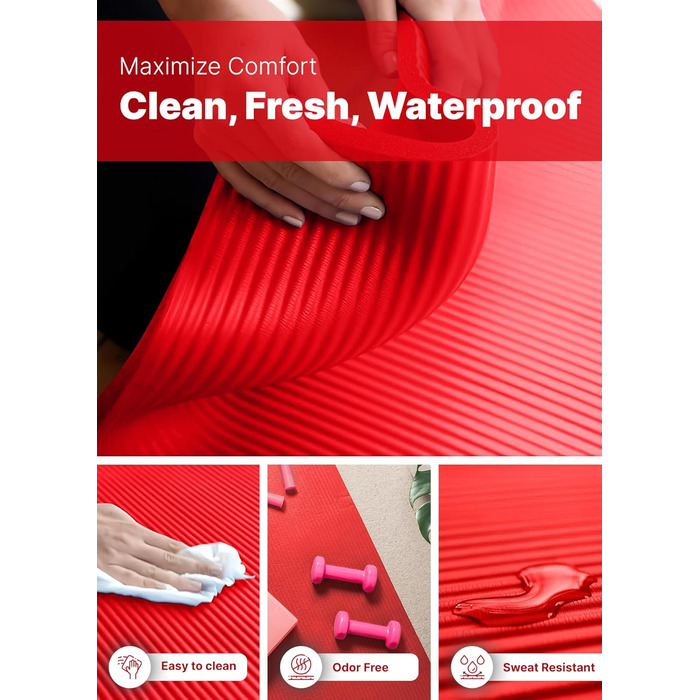 ROMIX Килимок для йоги, 15 мм, з антиковзаючою поверхнею, з сумкою та ременем, для фітнесу, пілатесу, медитації, червоний