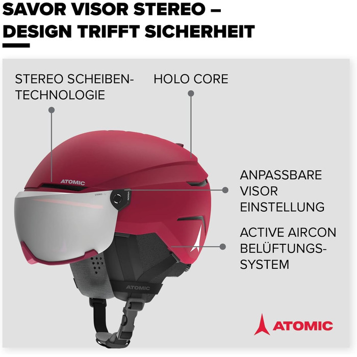 Гірськолижний шолом ATOMIC Savor Visor Stereo з візором, максимальне поглинання ударів, вентиляція Aircon, дзеркальне покриття, розмір 59-63, світло-фіолетовий