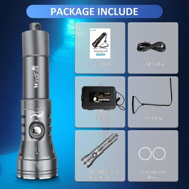 Ліхтар під водою WINDFIRE Taucher – потужний, водонепроникний, з індикатором заряду, 4 режими, кут променя 12°, для дайвінгу та снорклінгу (сірий)