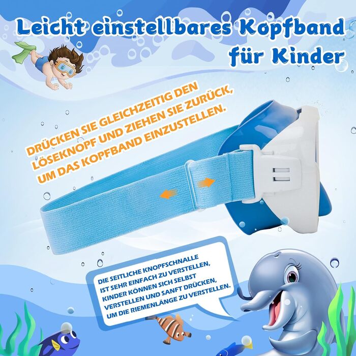 Дитяча маска для плавання WAVE Kinder з антифог покриттям, синьо-біла. З анти-протіканням, захистом від УФ-випромінювання та еластичним ремінцем.