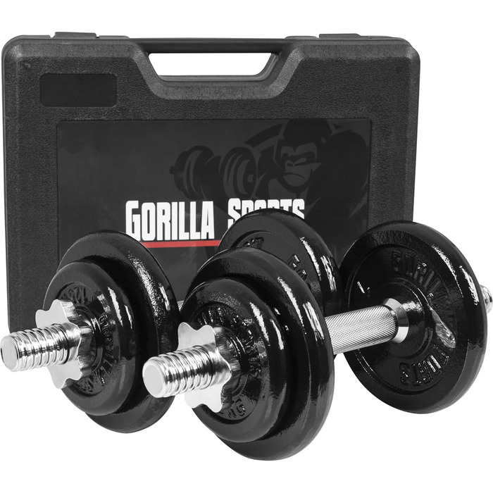 Комплект гантелей GORILLA SPORTS 20 кг з кейсом, 8 чавунних дисків, 30 мм гриф із насічкою, зіркоподібні замки