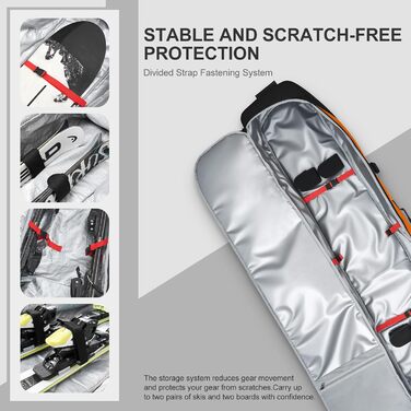 Чохол для лиж Odoland з роликами, водонепроникний, для подорожей літаком, 170 см, оранжевий