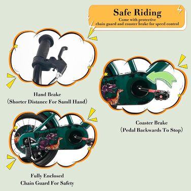 Дитяче велосипед RULLY Динозавр для хлопчиків 2-7 років, 12/14/16 дюймів, BMX, з додатковими колесами, зелений