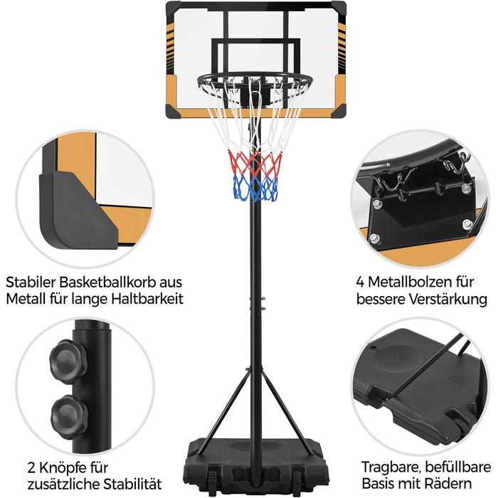 Регульована баскетбольна стійка Yaheetech з роликами, мобільна баскетбольна установка з можливістю заповнення водою або піском, підходить для використання в приміщенні та на вулиці, висота 216-246 см