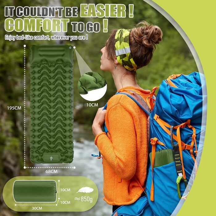 Каремат для кемпінгу TEGOVE самонадувний, компактний, з насосом та подушкою. Легкий килимок для туризму, пляжу, подорожей та намету