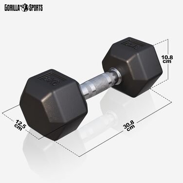 Гантелі шестигранні GORILLA SPORTS 8 кг – гумові, гантель для фітнесу, силових тренувань, рифлений хромований гриф
