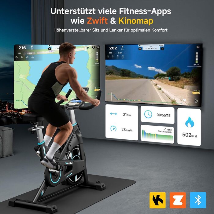 Велотренажер Wenoker з APP, магнітний опір, для дому, Indoor Bike, LCD-дисплей, вантажопідйомність 160 кг, турквіс
