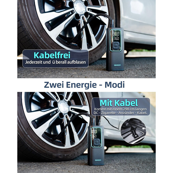 Електрична повітряна помпа 10.3 Bar з акумулятором, компресор Mini 6000mAh & 12V DC, портативна помпа для авто, мотоцикла, велосипеда з LED-підсвічуванням та автоматичним відключенням, блакитна I7