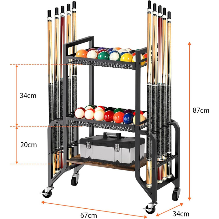 Стійка для більярду на 3 яруси для 10 київ, з 4 колесами (2 з гальмами), для більярдних кімнат, барів, клубів