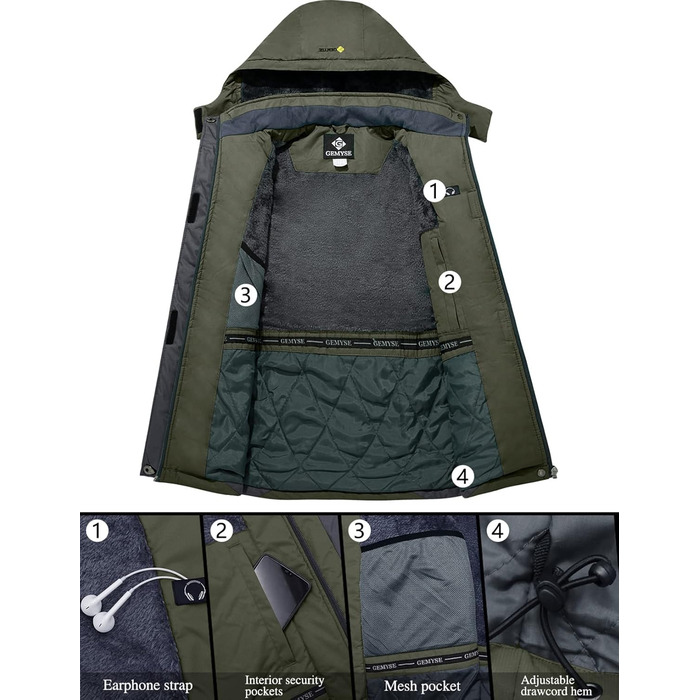 Чоловіча лижна куртка GEMYSE: водонепроникна, вітронепроникна, з підкладкою, для спорту, відпочинку, активного відпочинку на природі (армійний зелений, сірий, XXL)