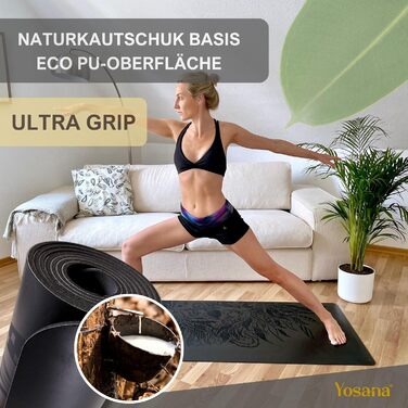 Йога мат Yosana з натурального каучуку | надзвичайно неслизька | поверхня ULTRA GRIP з ECO PU | extra широка 68 см | з ремінком для перенесення | мат для йоги 183x68 см | 4 мм товщина, чорний, Лев