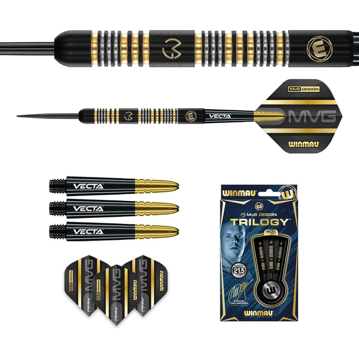 Дротики WINMAU Michael Van Gerwyn MvG Trilogy 21,5 г, професійні, сталевий наконечник, вольфрам, з оперенням та стрижнями