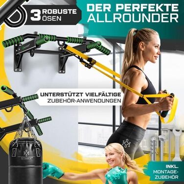 KESSER® Турнік настінний 4-в-1 з ручками, мотузками, кільцями та боксерською грушею. Безпечний та стабільний. Для дому. Зелений