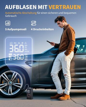 Бездротова електрична повітряна помпа Powools 150PSI з LED-ліхтариком та автостопом, акумуляторна помпа для велосипеда, електровелосипеда, авто, мотоцикла, м'ячів, чорна