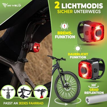 Набір переднього та заднього велоліхтаря MIVELO StVZO, USB-зарядка, 100% водонепроникність, LED, з відбивачами спиць