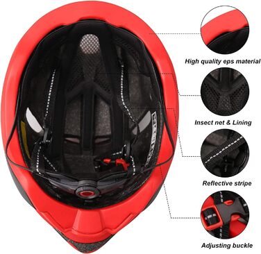 Велосипедний шолом Shinmax з LED-підсвіткою, USB-зарядкою, магнітним знімним візором, для чоловіків і жінок, легкий MTB/міський, регульований 57-62 см, чорний/червоний