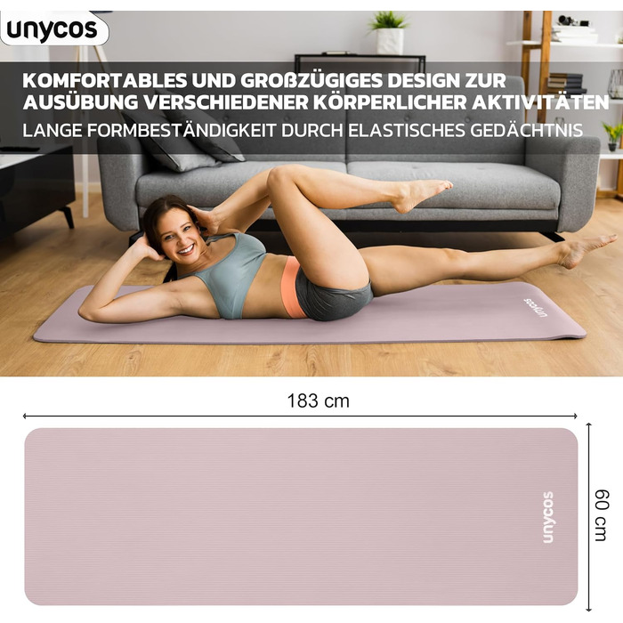 Гімнастичний килимок Unycos 183x60 см, NBR 15 мм, нековзкий, для йоги, пілатесу, фітнесу, з ременем та E-книгою, рожевий, нетоксичний